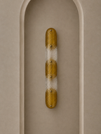 A modern wall sconce with a vertical elongated oval shape, featuring textured metallic gold and frosted white sections, mounted on a beige arched wall.