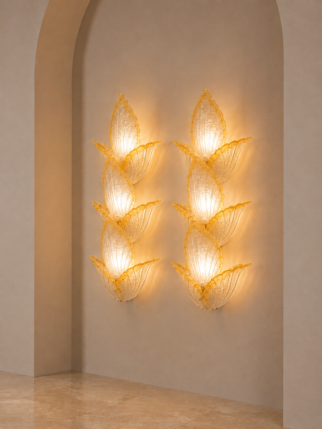 Pair of Murano Amber Petal Glass Wall Sconces