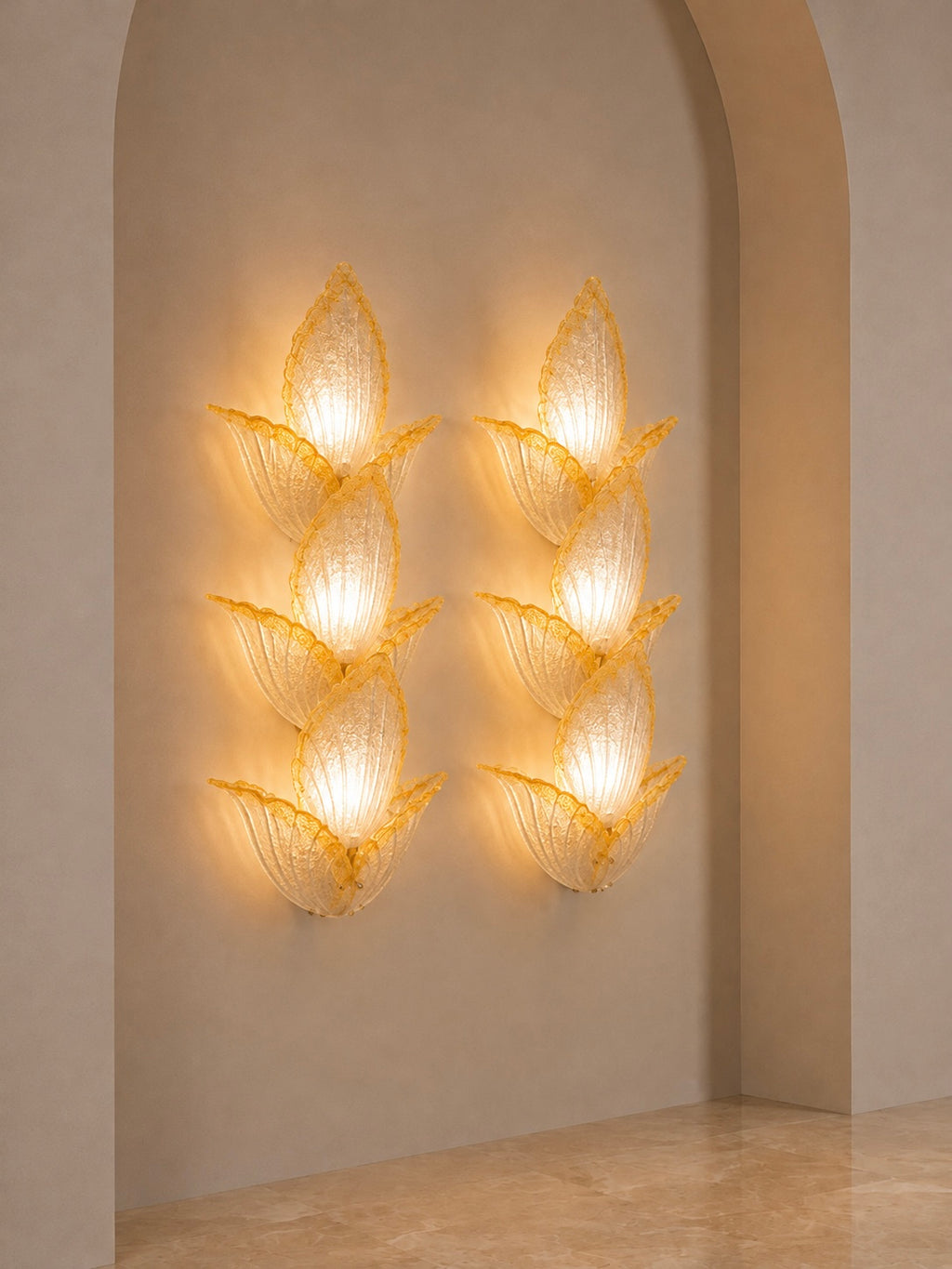 Pair of Murano Amber Petal Glass Wall Sconces