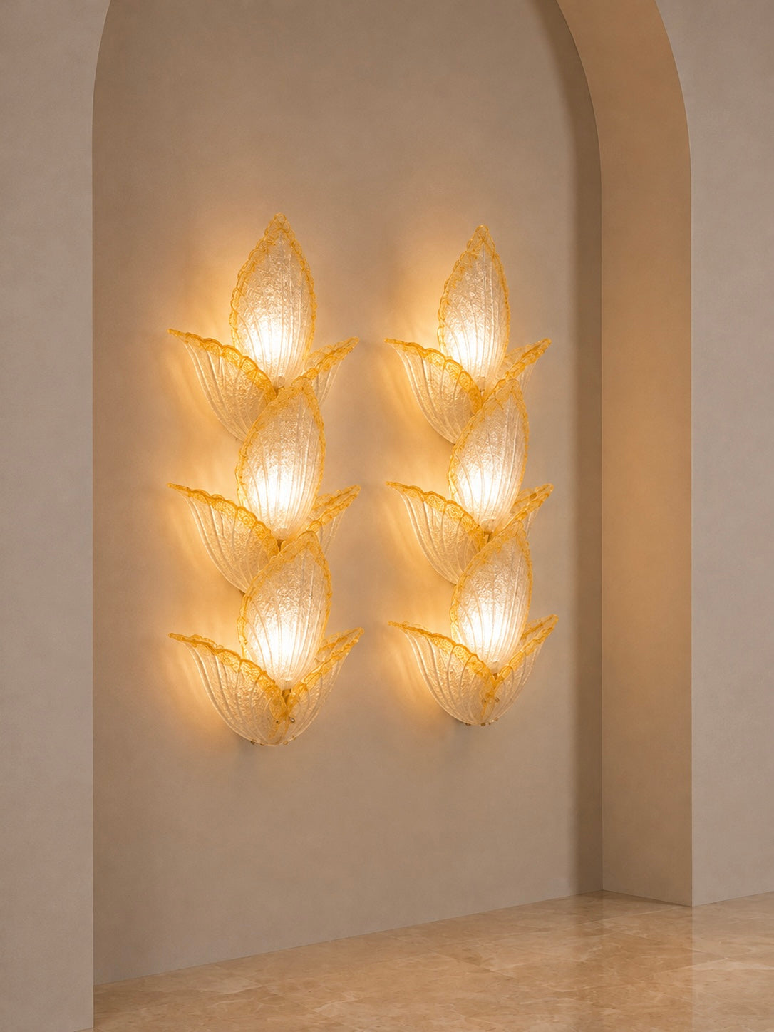 Pair of Murano Amber Petal Glass Wall Sconces