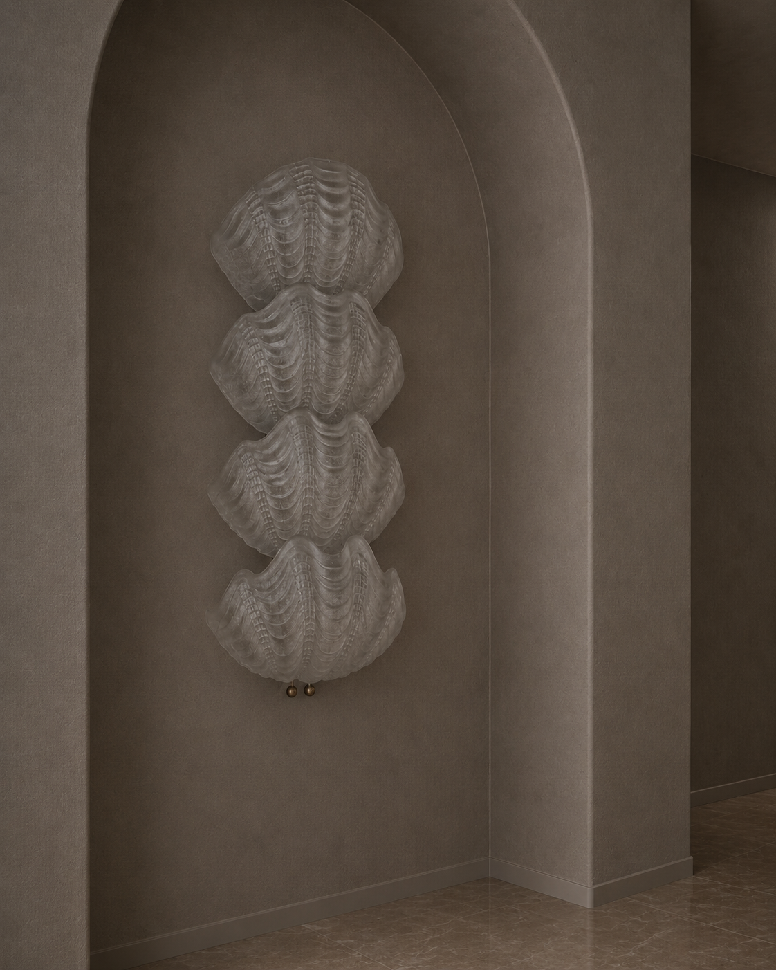 A textured, sculptural wall-mounted piece featuring four stacked, ribbed shell-like forms in a warm taupe-gray color, set within an arched alcove on a textured wall.