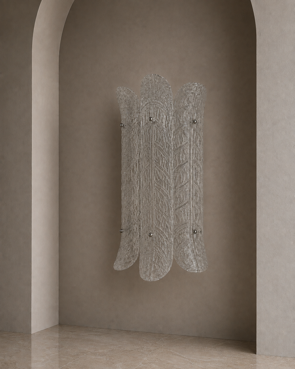 A sculptural wall-mounted coat rack with five vertical textured panels, shown hanging on a warm beige plaster wall in an arched interior setting.