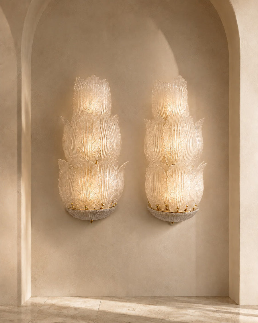 Pair of Murano Frosted Leaf Glass Wall Sconces