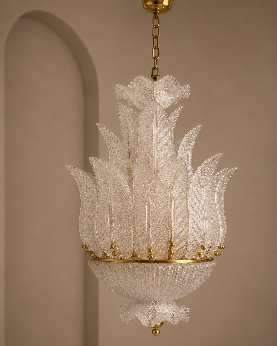 Italian Murano Glass Chandelier with Textured Leaf Panels