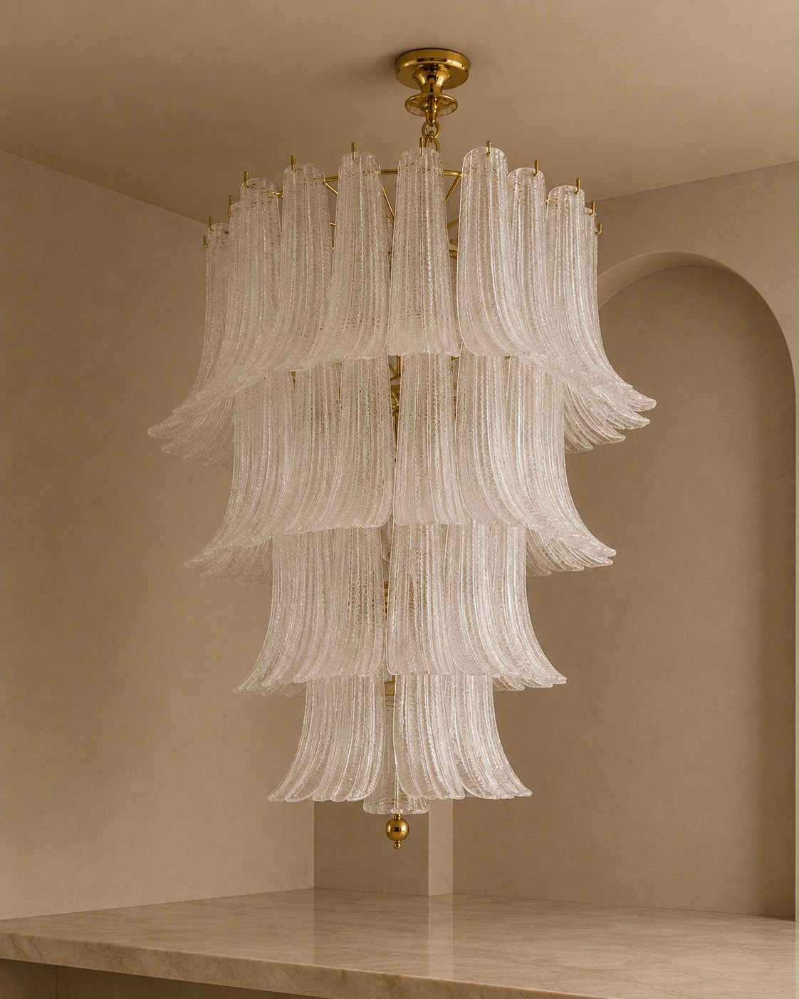 Italian Murano-Style Clear Glass Chandelier with Curved Panels