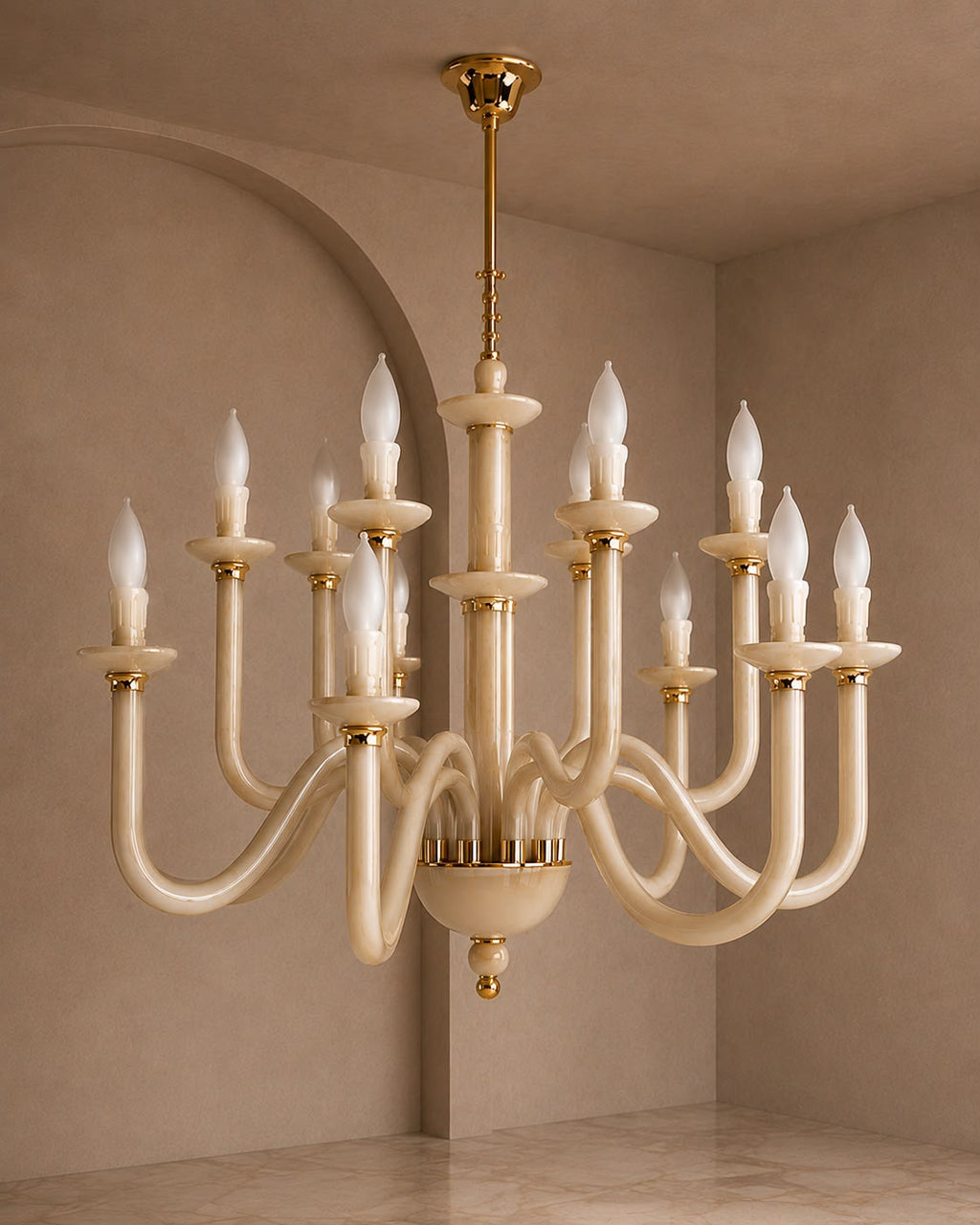 A multi-arm chandelier with curved cream-colored arms and polished gold-toned hardware, suspended in a warm beige room with arched walls.