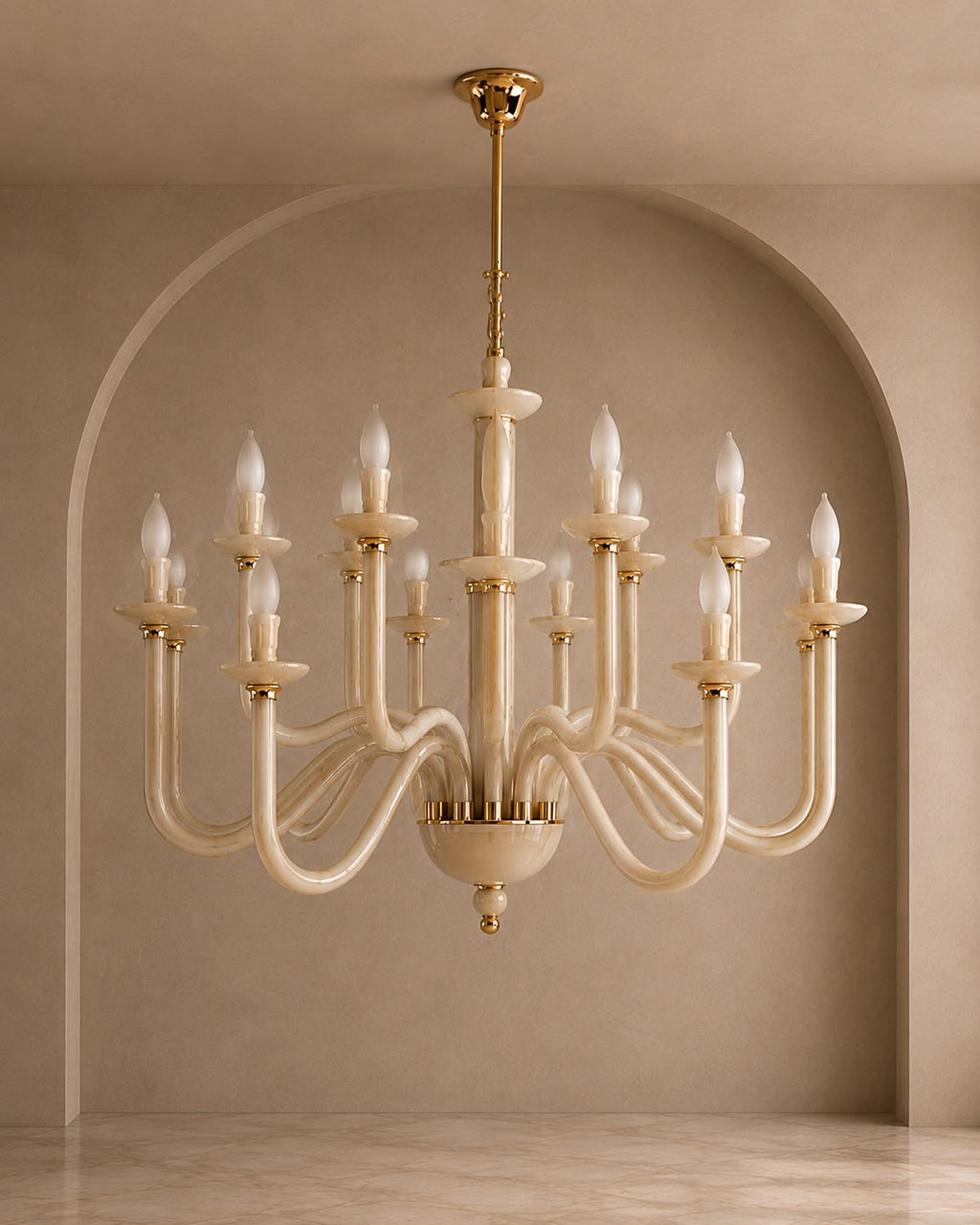 An elegant multi-arm chandelier with curved cream-colored arms and gold-toned hardware, suspended from a matching ceiling canopy. The chandelier is shown hanging in a warm, neutral-toned interior with an arched wall backdrop.