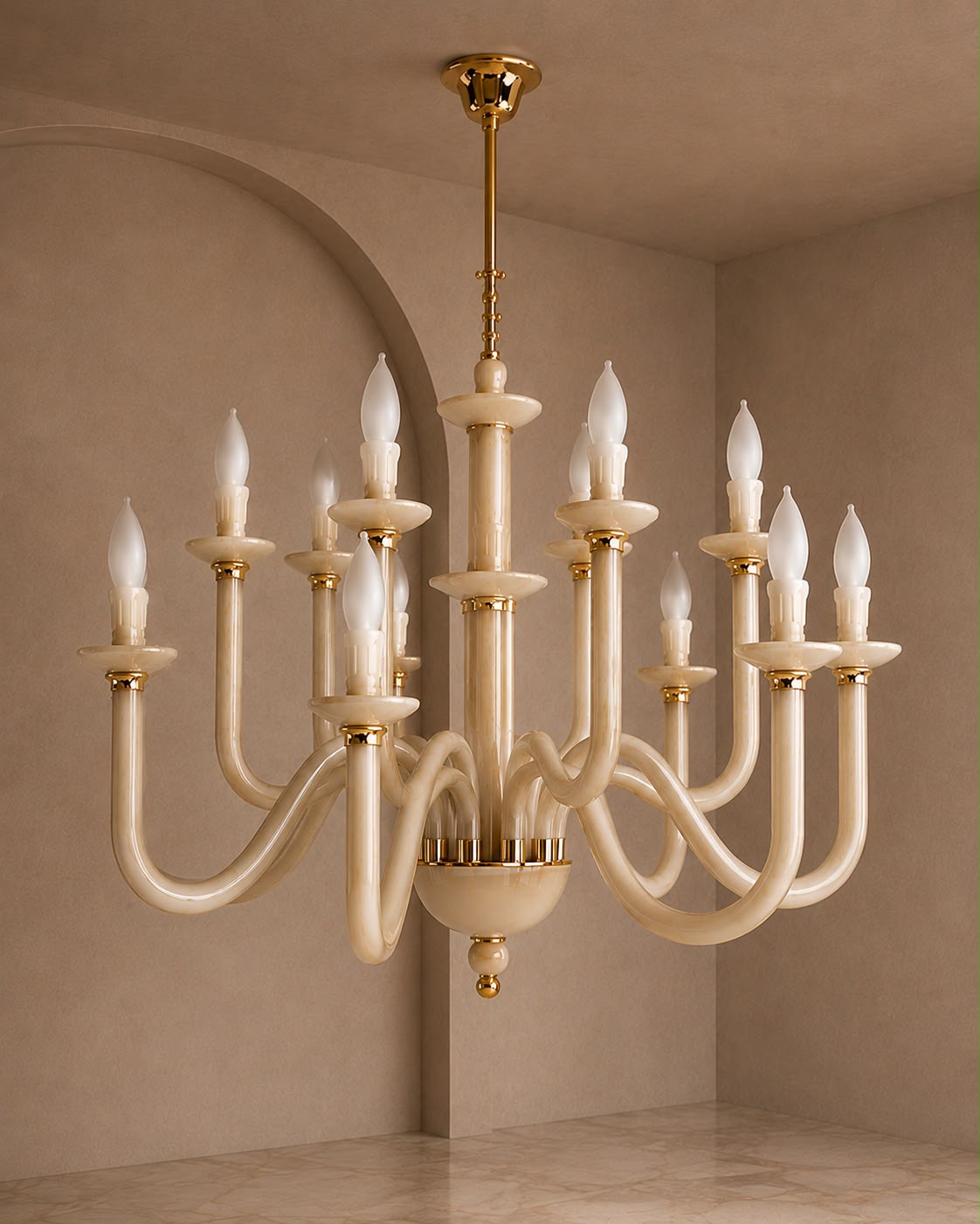 A multi-arm chandelier with curved cream-colored arms and polished gold-toned hardware, suspended in a warm beige room with arched walls.