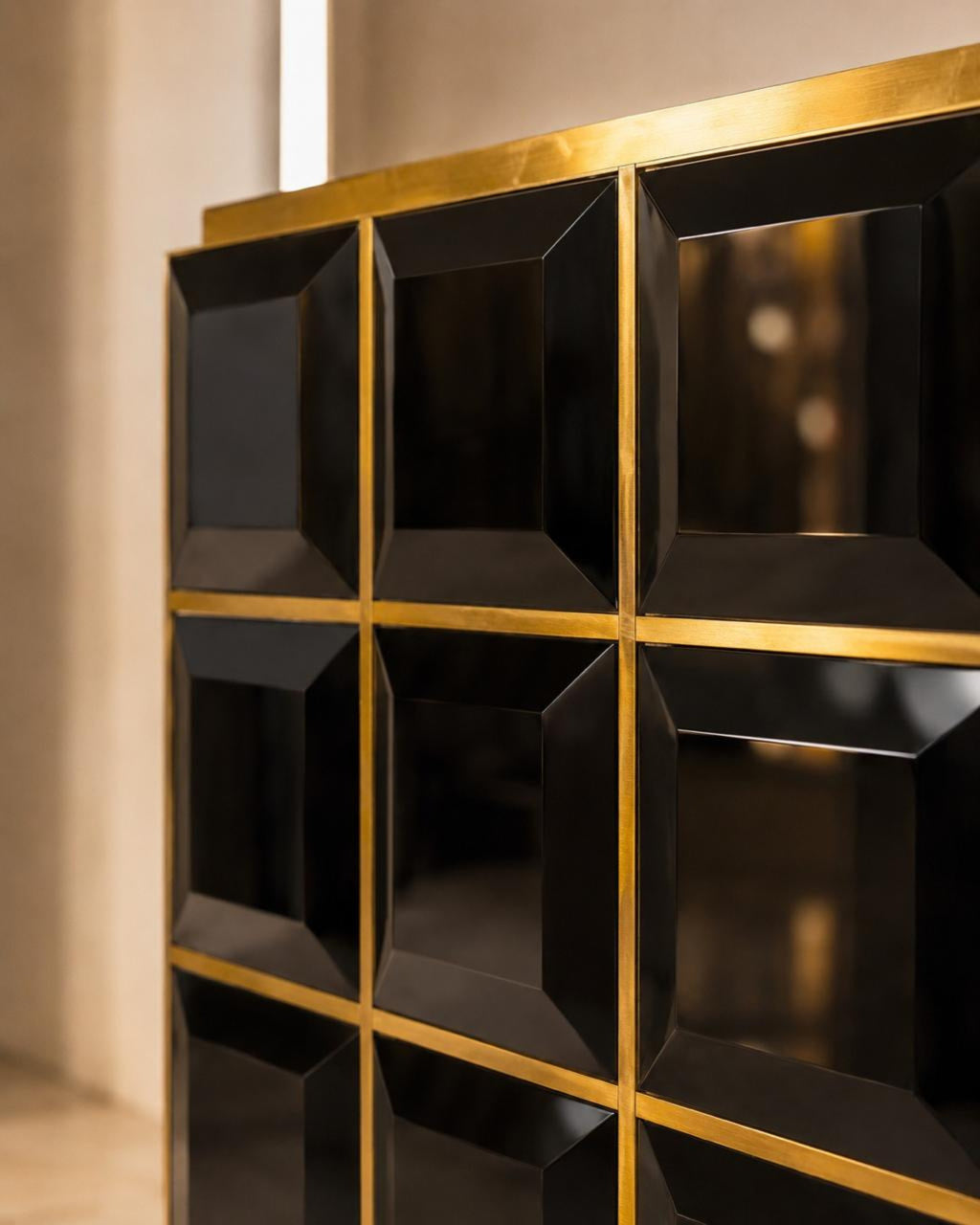 Art Deco Sideboard with Black Glass and Brass Grid