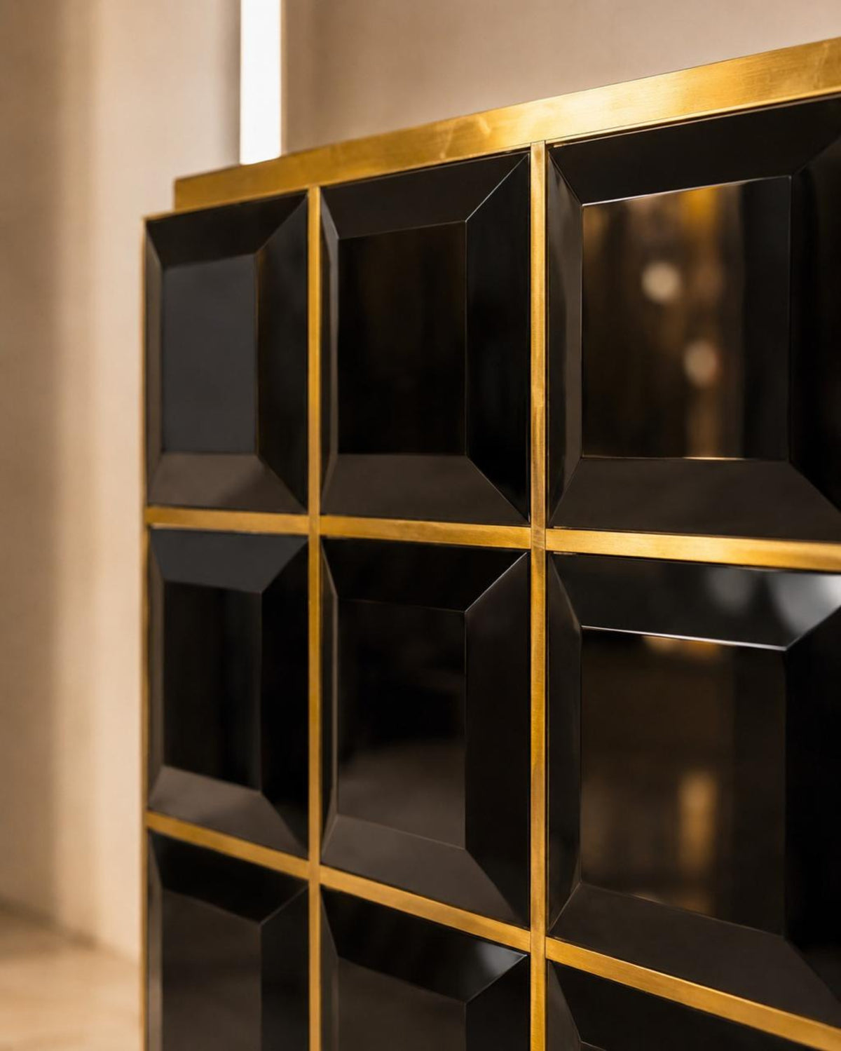 Art Deco Sideboard with Black Glass and Brass Grid
