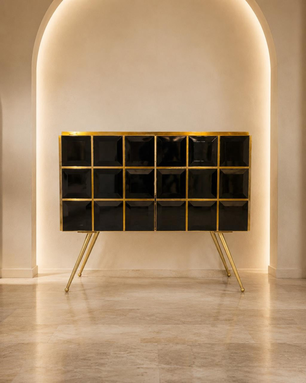 Art Deco Sideboard with Black Glass and Brass Grid