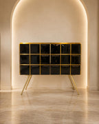 Art Deco Sideboard with Black Glass and Brass Grid