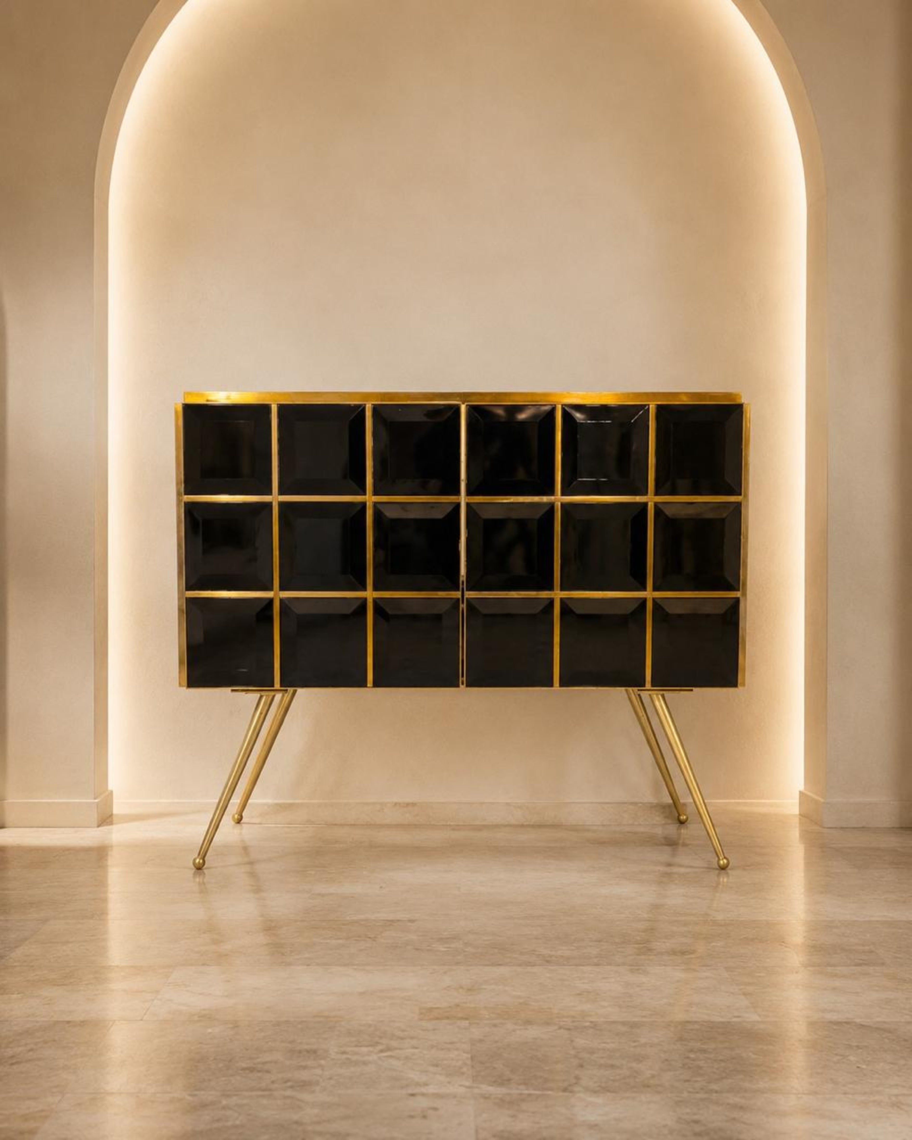 Art Deco Sideboard with Black Glass and Brass Grid