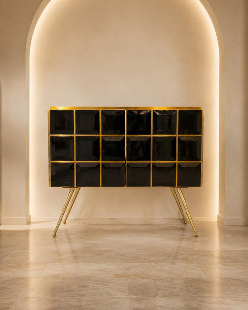 Art Deco Sideboard with Black Glass and Brass Grid