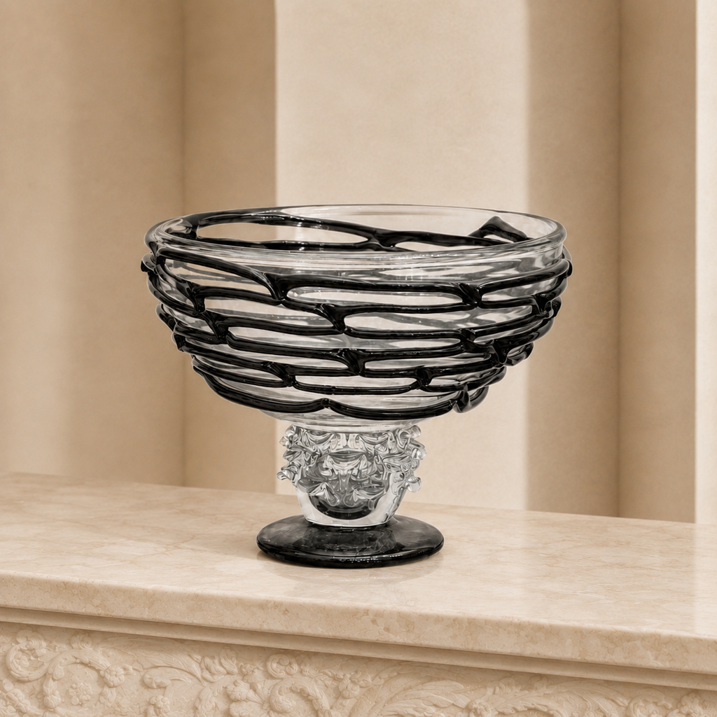 Black & Clear Murano Art Glass Centerpiece Bowl