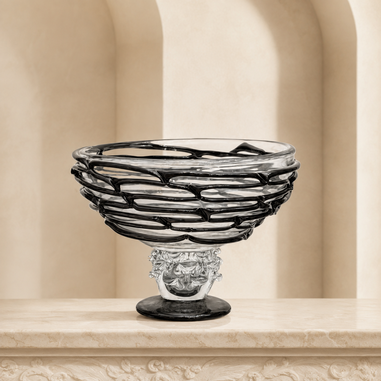 Black & Clear Murano Art Glass Centerpiece Bowl