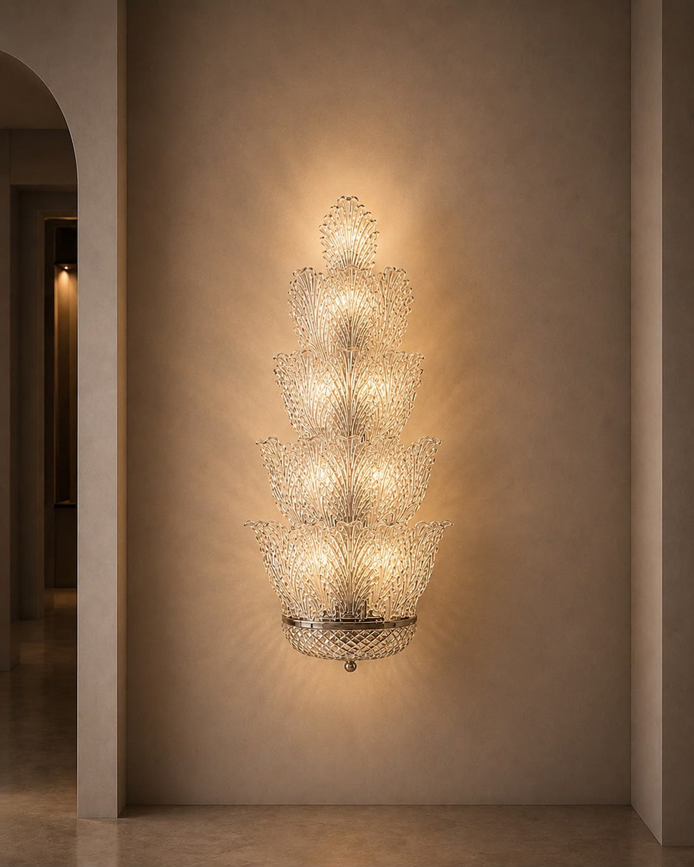 A tiered crystal chandelier wall sconce with a warm glowing light, mounted on a textured beige plaster wall in an elegant interior hallway.