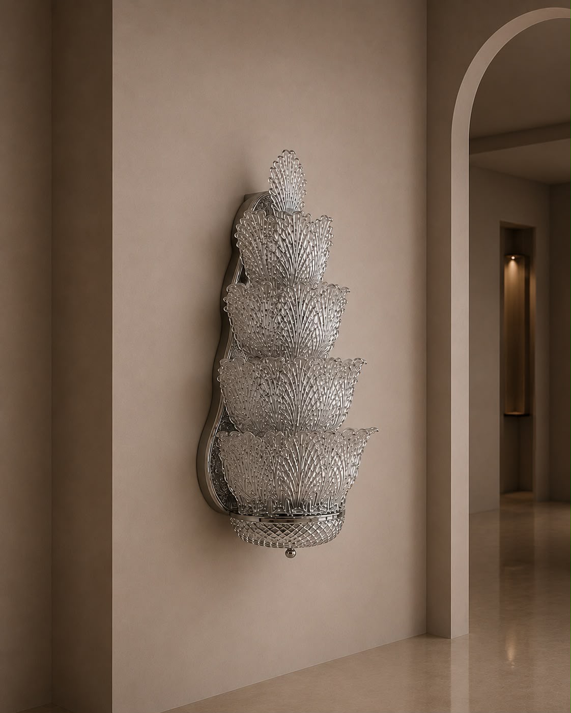 A sculptural, tiered wall sconce with a textured, metallic silver finish mounted on a warm beige wall in an elegant interior hallway.