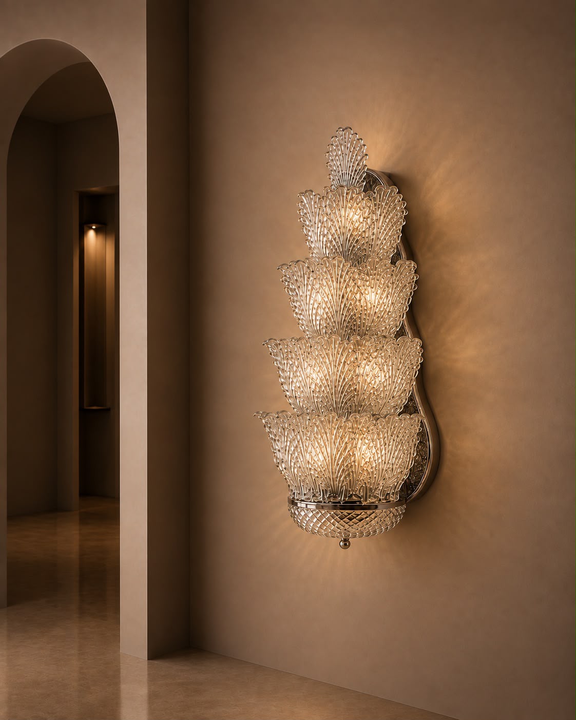 A tiered crystal chandelier wall sconce with multiple cascading crystal bowls emitting a warm golden glow, mounted on a beige plaster wall in an elegant interior hallway.