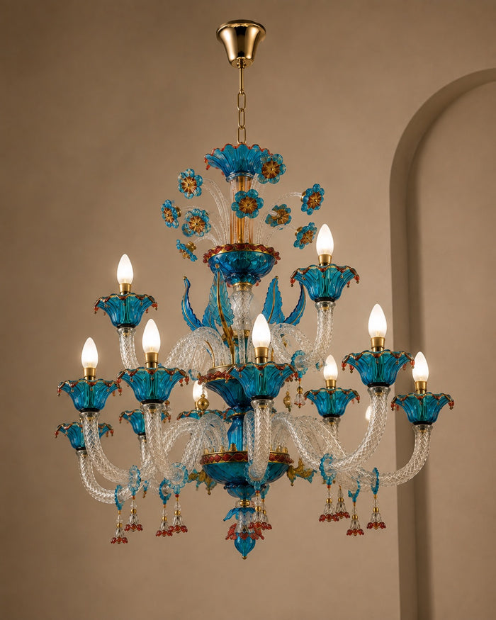 Elegant 18-Arm Blue Murano Glass Chandelier