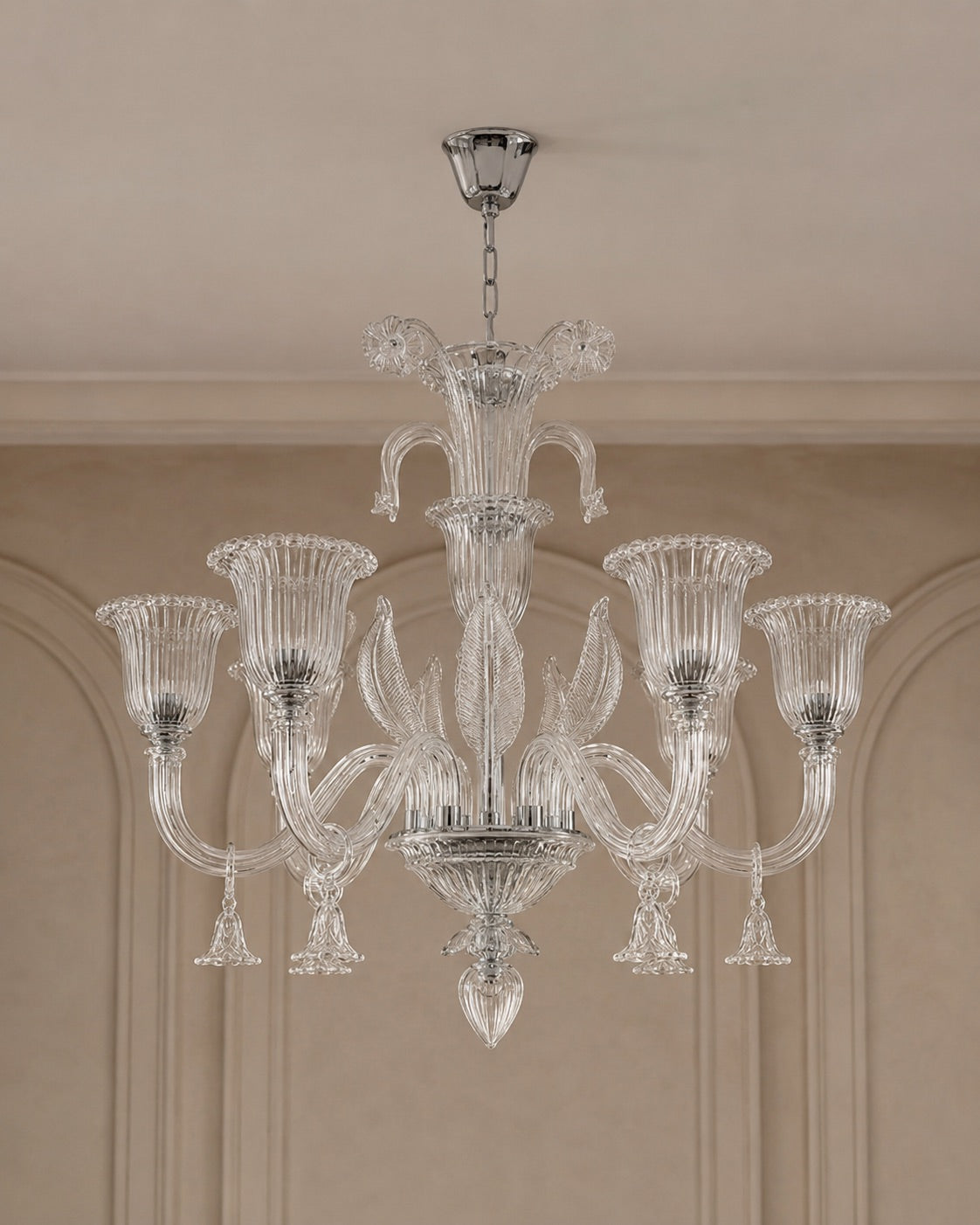 Elegant 8-Arm Clear Murano Glass Chandelier