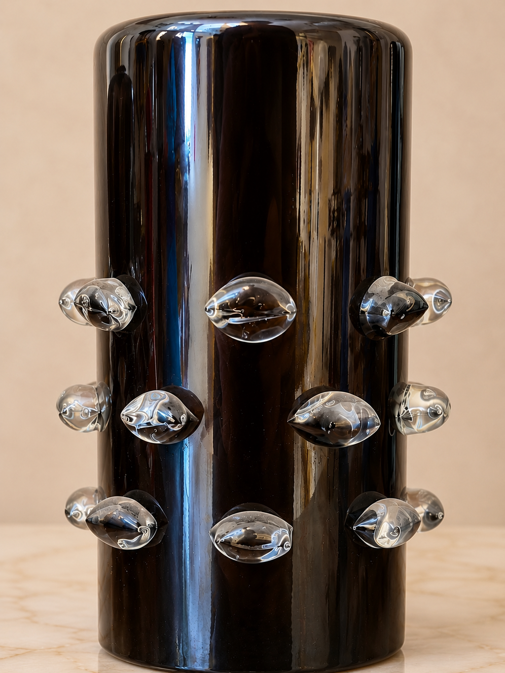 Smoked Murano Art Glass Vase with Sculptural Bubble Accents