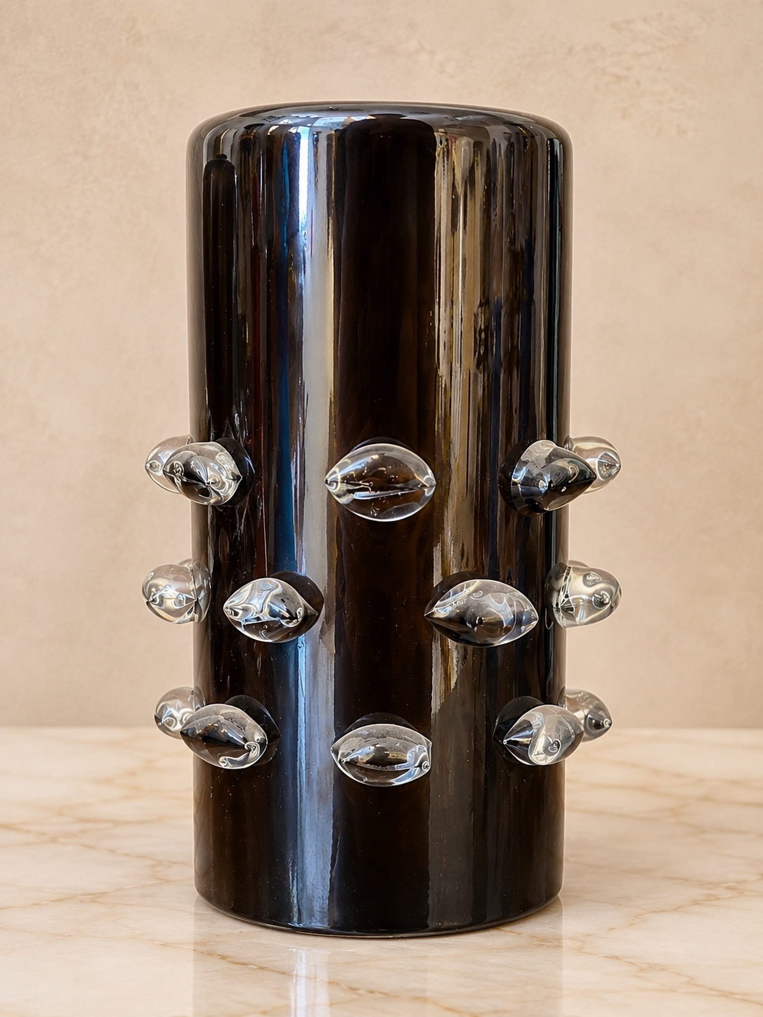 Smoked Murano Art Glass Vase with Sculptural Bubble Accents