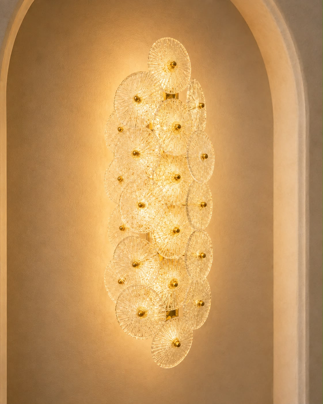 A modern wall-mounted light fixture composed of overlapping circular glass discs with warm gold accents, illuminated against a beige arched wall.