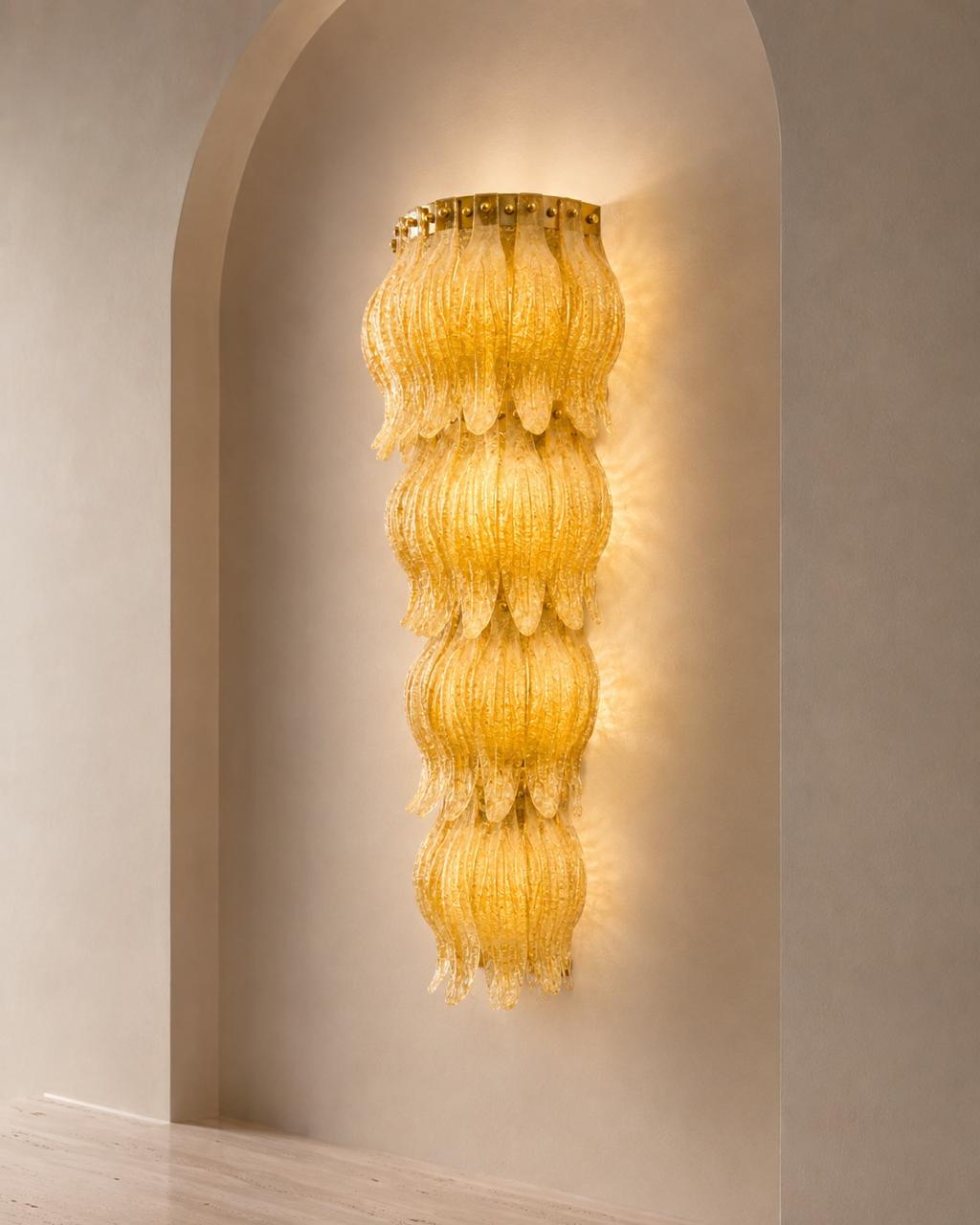 Pair of Amber Murano Cascading Leaf Glass Wall Sconces