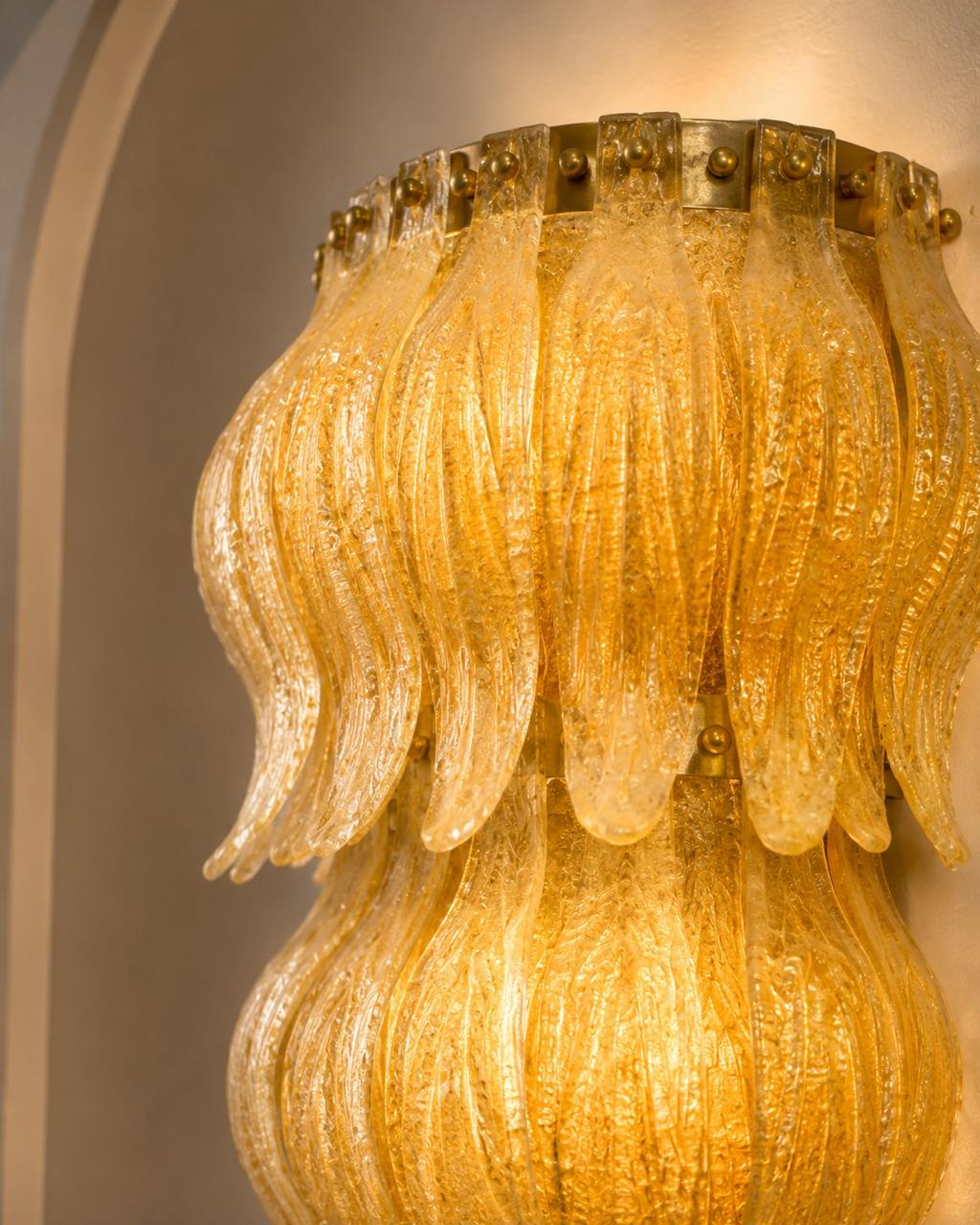 Pair of Amber Murano Cascading Leaf Glass Wall Sconces