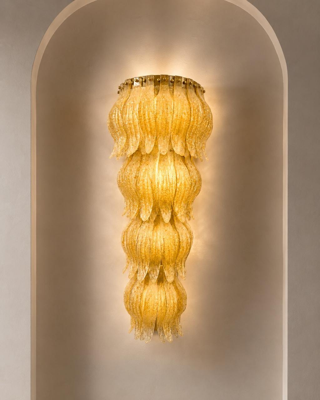 Pair of Amber Murano Cascading Leaf Glass Wall Sconces